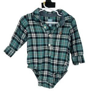 Baby Gap Green Plaid Collared Long Sleeve One Piece Bodysuit 12-18 Months